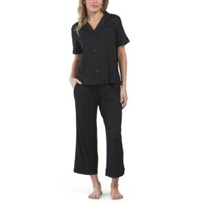 FLORA BY FLORA NIKROOZ Black 2pc Iman Ribbed Notch Collar Pajama Set